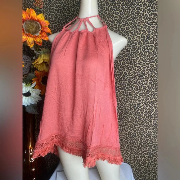 🌴3/$30🌴DOE & RAE Crabapple Halter Mock Neck Embroidered/Fringe Cami Tank Top - Picture 4 of 9